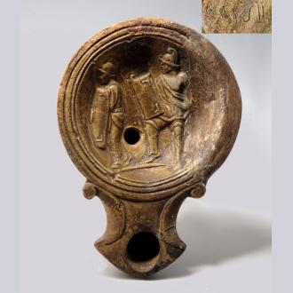 Roman Terracotta Oil Lamp Depicting Gladiators & Maker's Mark - Den of ...