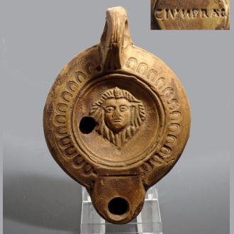 Roman Terracotta Oil Lamp With Actors Mask & Maker’s Mark - Den of ...