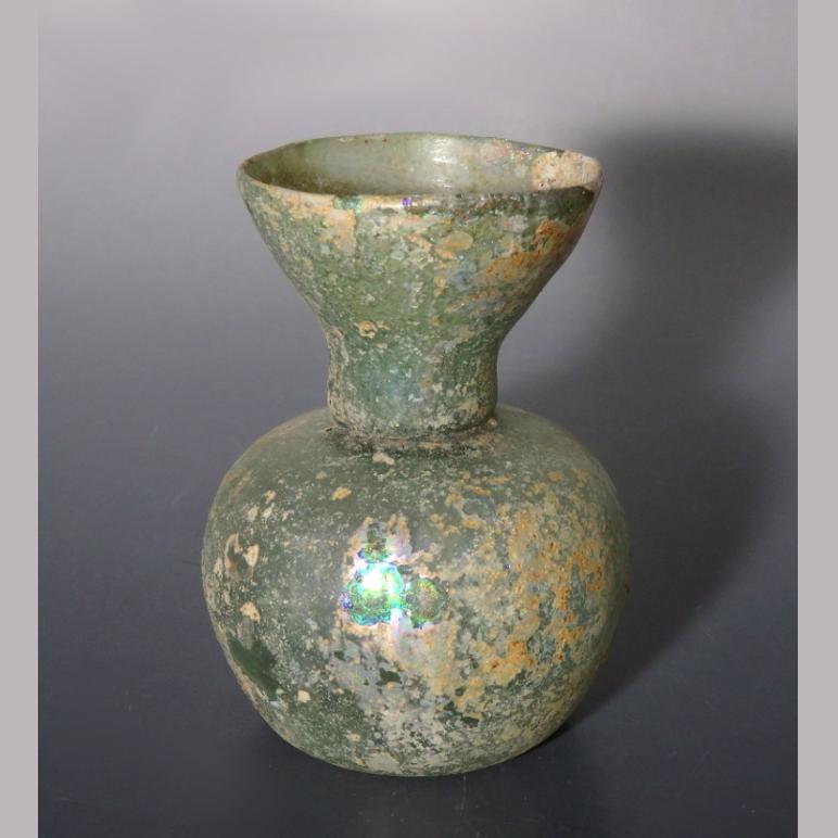 Roman Ribbed Glass Sprinkler Flask With Iridescence